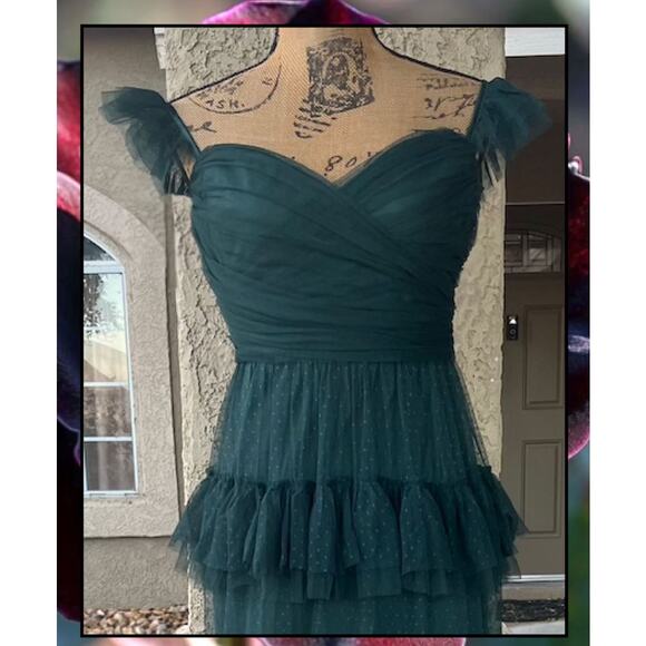 Lulus Emerald Swiss Dot Green Mesh Maxi Dress Size XL - Picture 3 of 10